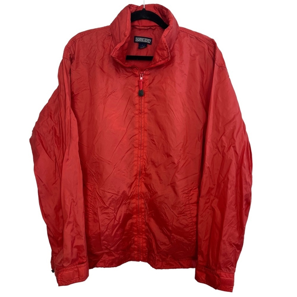 LAND'S END Red Windbreaker Men's Full Zip Hooded Hoodie Lightweight Jacket sz L